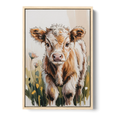 Baby Highland Calf - Oak Framed Canvas Wall Art - Front