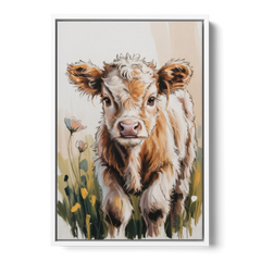 Baby Highland Calf - White Framed Canvas Wall Art - Front