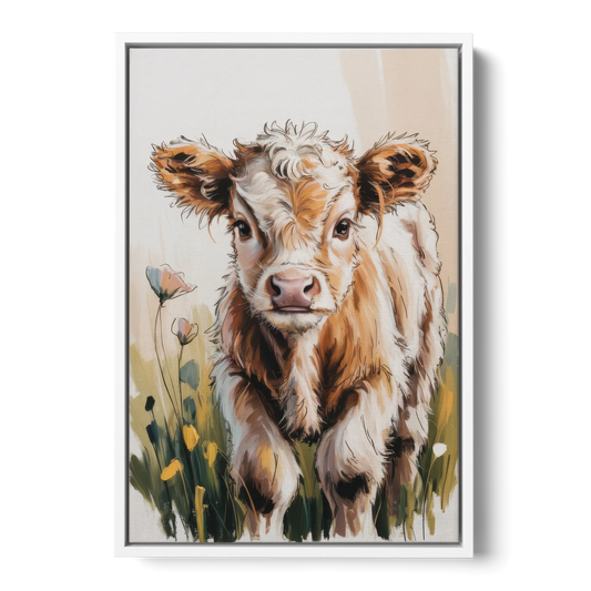 Baby Highland Calf - White Framed Canvas Wall Art - Front