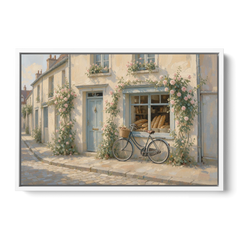 Bakery Painting with Roses and Vintage Bicycle - White Framed Canvas Wall Art - Front