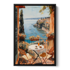 Balcony Painting Over an Italian Bay - Black Framed Canvas Wall Art - Front