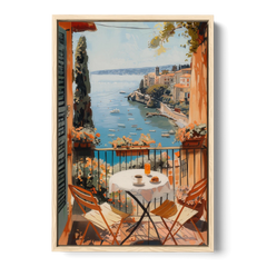 Balcony Painting Over an Italian Bay - Oak Framed Canvas Wall Art - Front