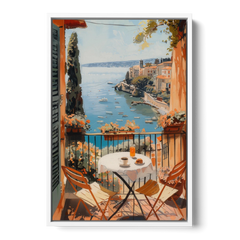 Balcony Painting Over an Italian Bay - White Framed Canvas Wall Art - Front