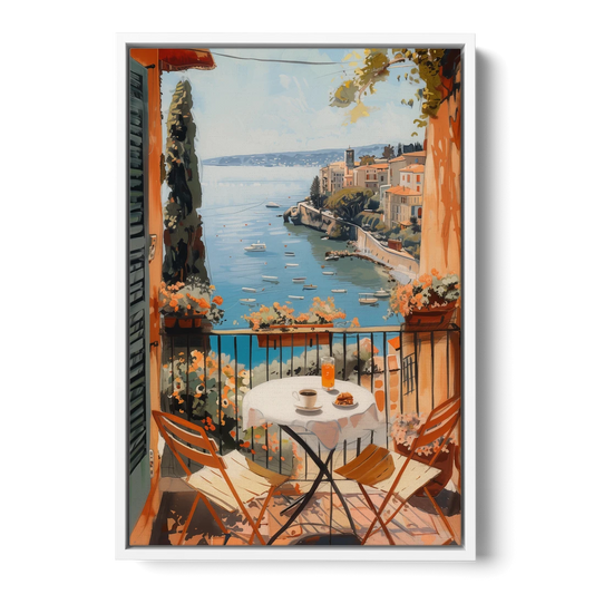 Balcony Painting Over an Italian Bay - White Framed Canvas Wall Art - Front