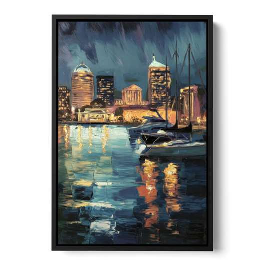 Baltimore Harbor Nightscape - Black Framed Canvas Wall Art - Front