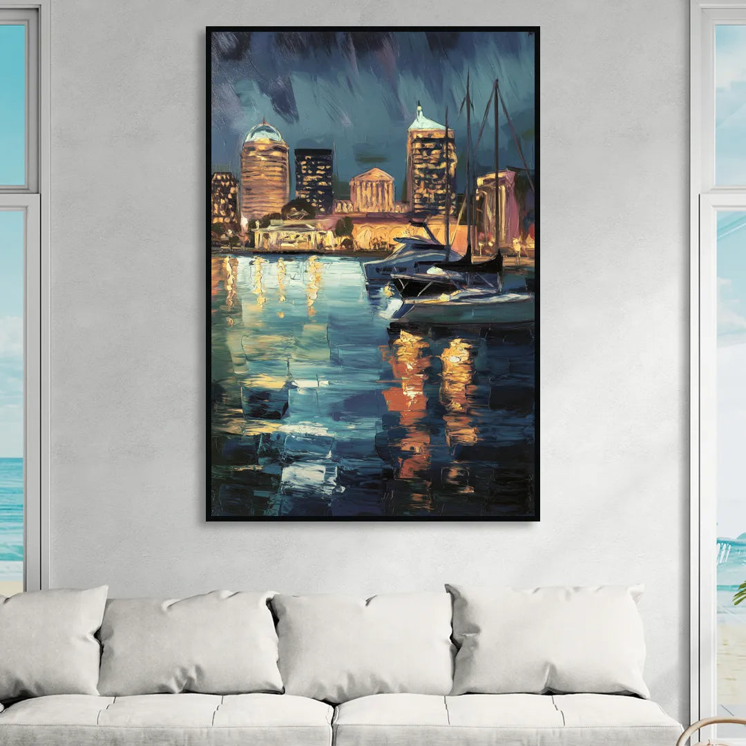 Baltimore Harbor Nightscape Living Room - Black Canvas Wall Art