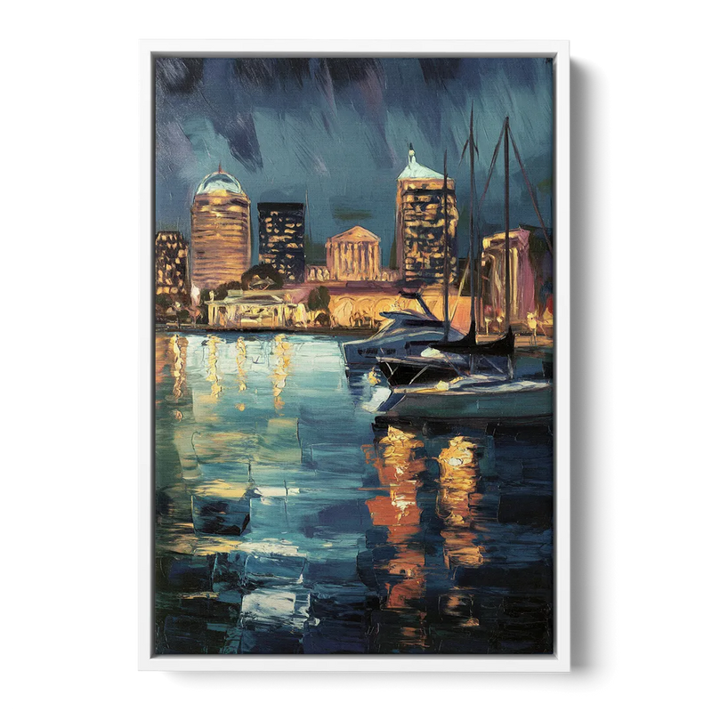 Baltimore Harbor Nightscape Front - White Canvas Wall Art