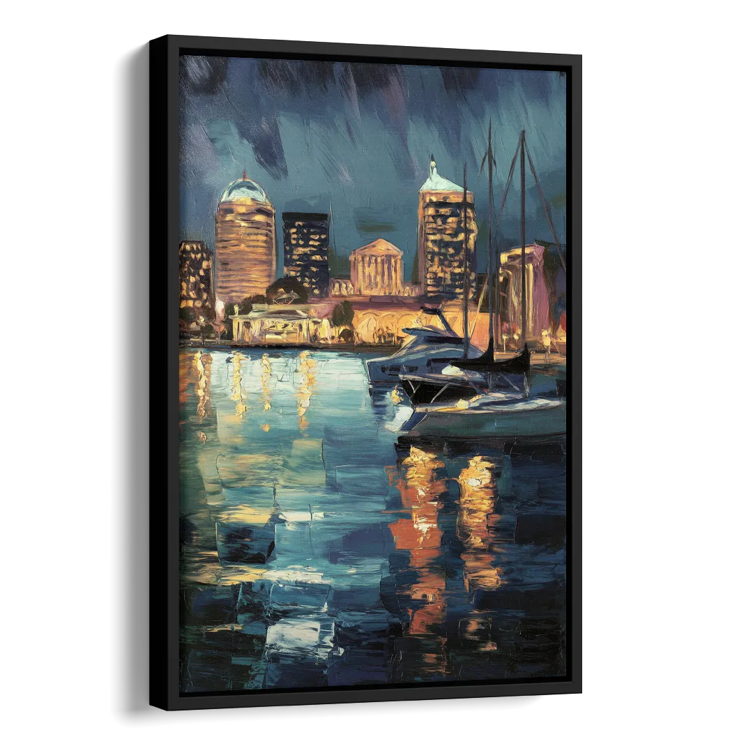 Baltimore Harbor Nightscape Side - Black Canvas Wall Art