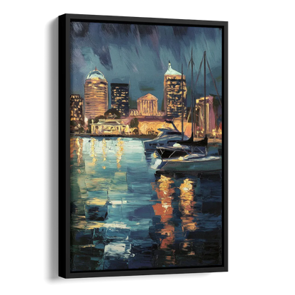 Baltimore Harbor Nightscape Side - Black Canvas Wall Art