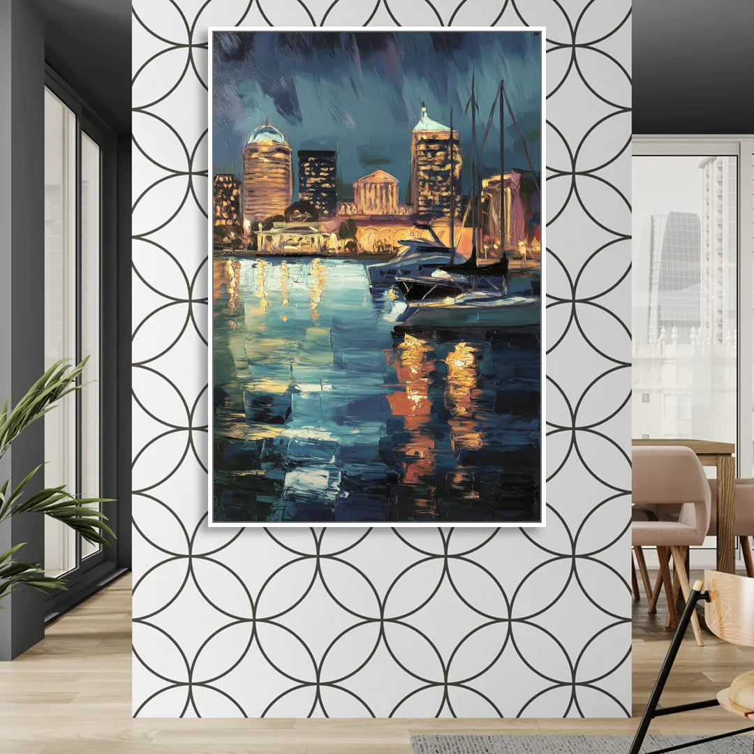 Baltimore Harbor Nightscape Living Room - White Canvas Wall Art