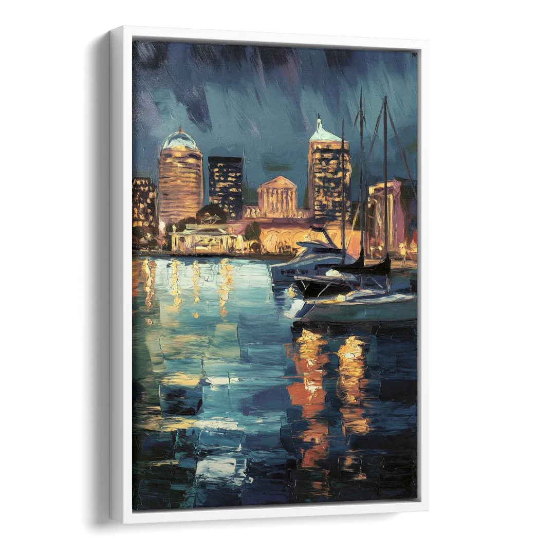 Baltimore Harbor Nightscape Side - White Canvas Wall Art