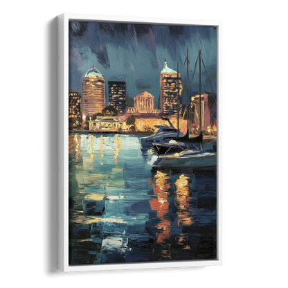 Baltimore Harbor Nightscape Side - White Canvas Wall Art