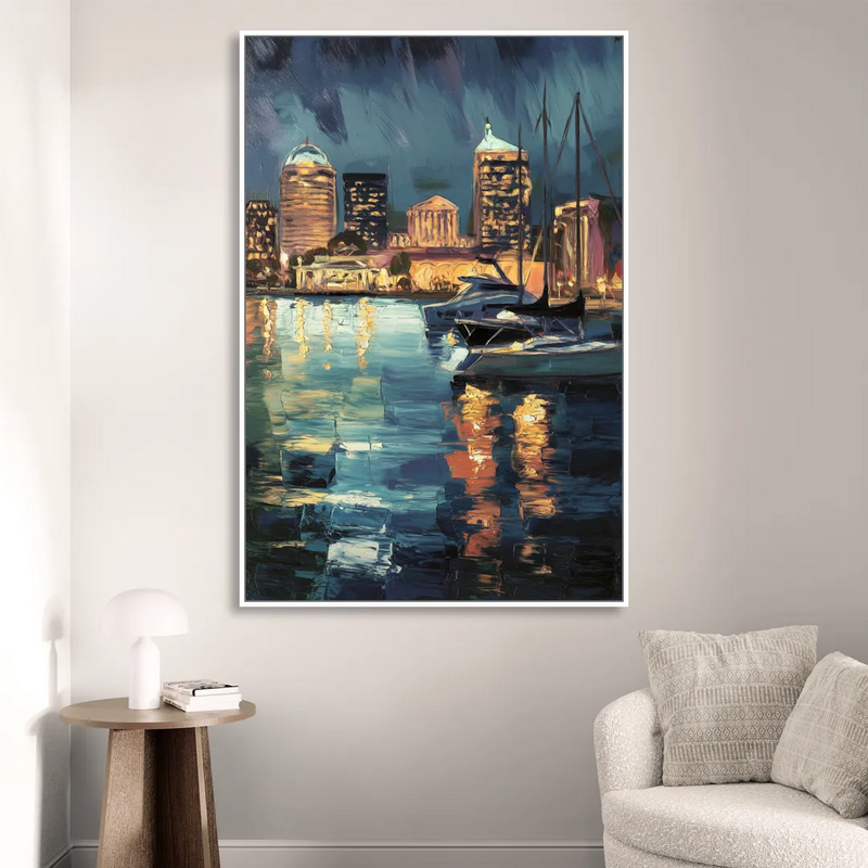 Baltimore Harbor Nightscape Sitting Room - White Canvas Wall Art