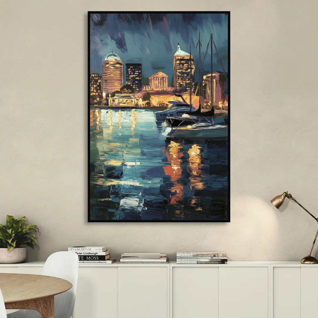 Baltimore Harbor Nightscape Sitting Room - Black Canvas Wall Art