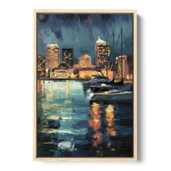 Baltimore Harbor Nightscape - Oak Framed Canvas Wall Art - Front