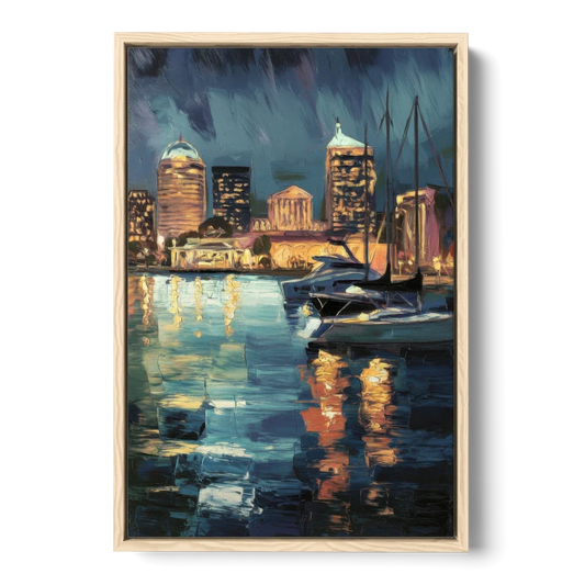 Baltimore Harbor Nightscape - Oak Framed Canvas Wall Art - Front