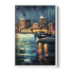 Baltimore Harbor Nightscape - White Framed Canvas Wall Art - Front