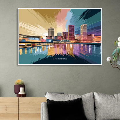 Baltimore Iconic Skyline Living Room - White Canvas Wall Art