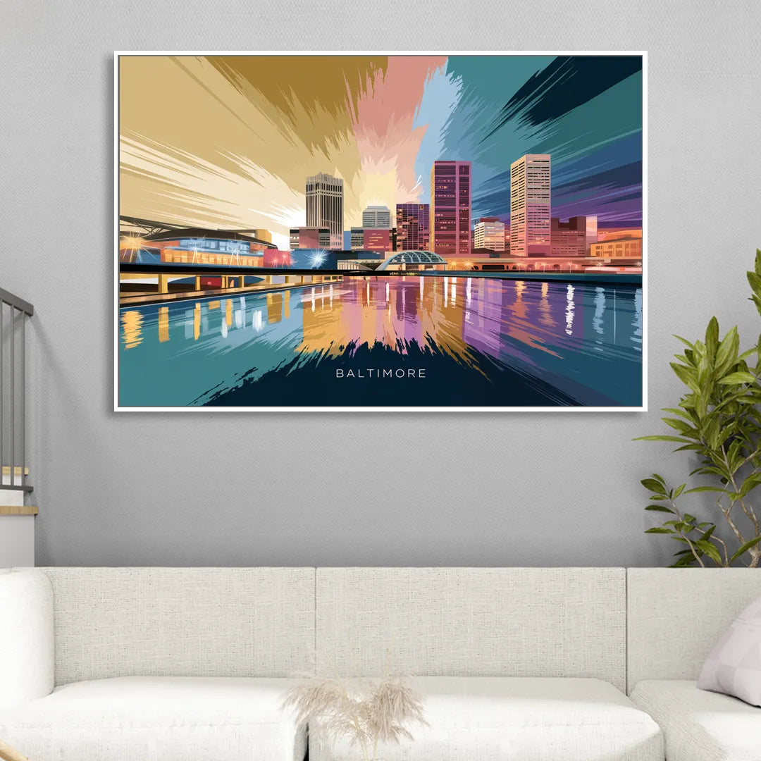 Baltimore Iconic Skyline Sitting Room - White Canvas Wall Art