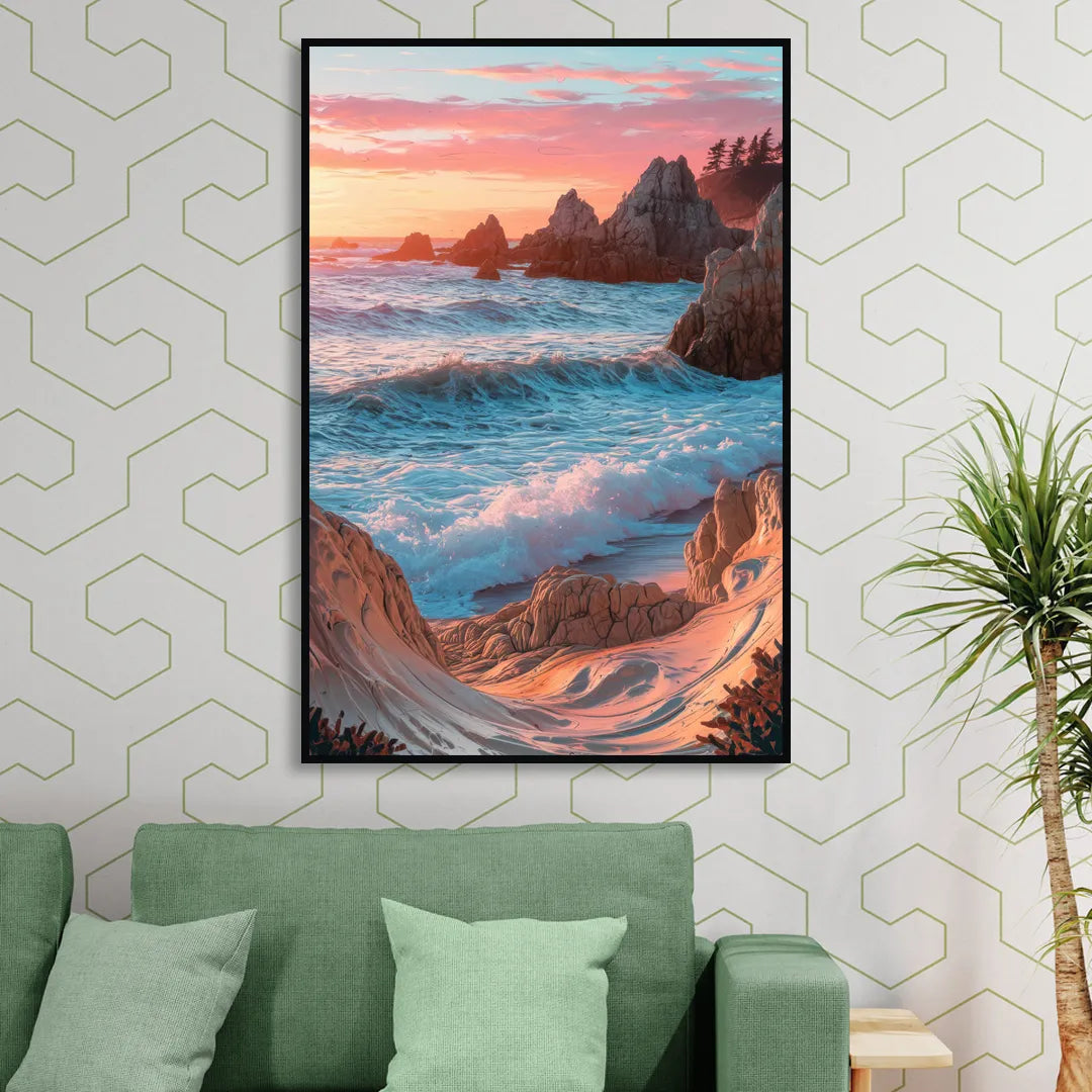 Bandon Beach Waves Living Room - Black Canvas Wall Art