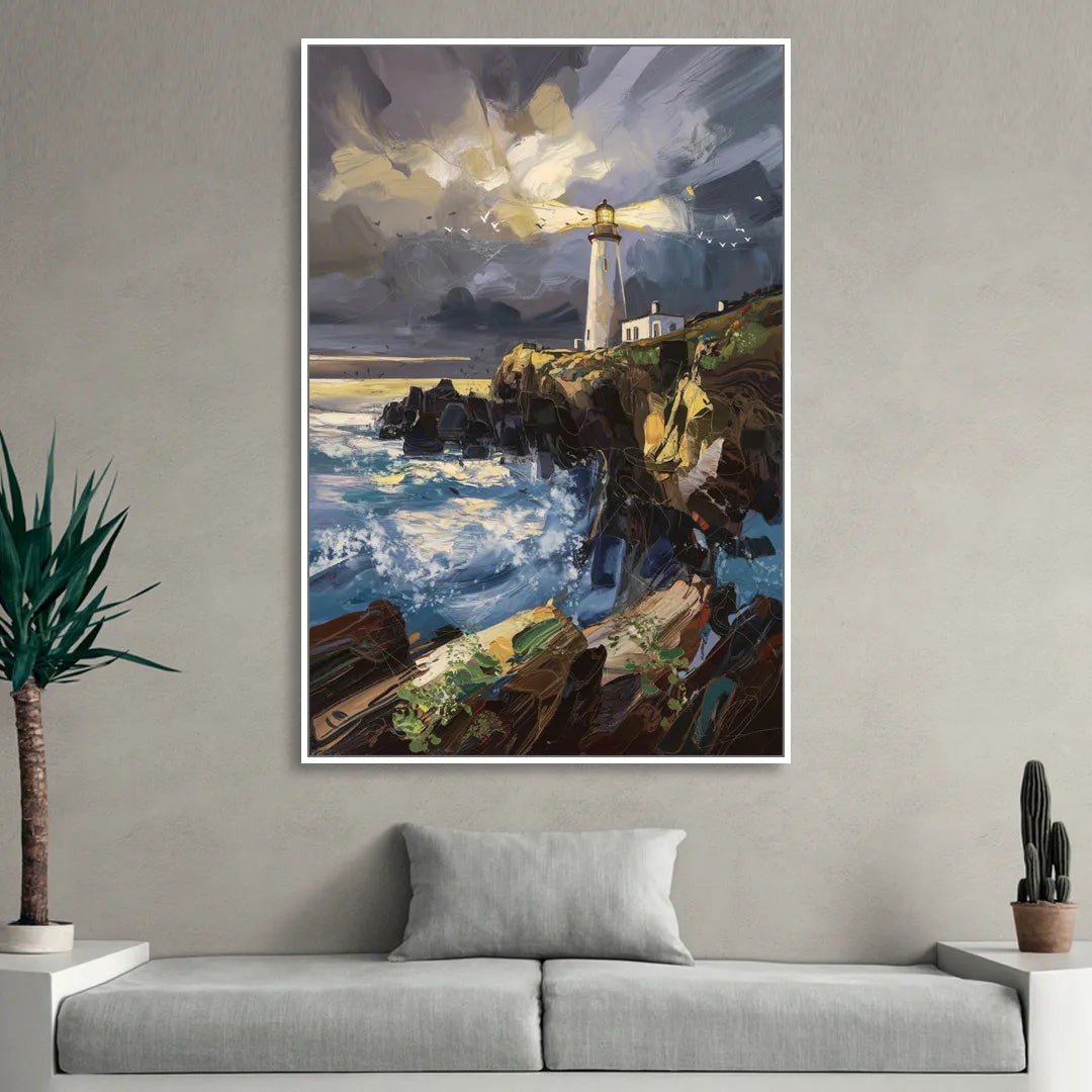 Bandon Lighthouse View Living Room - White Canvas Wall Art