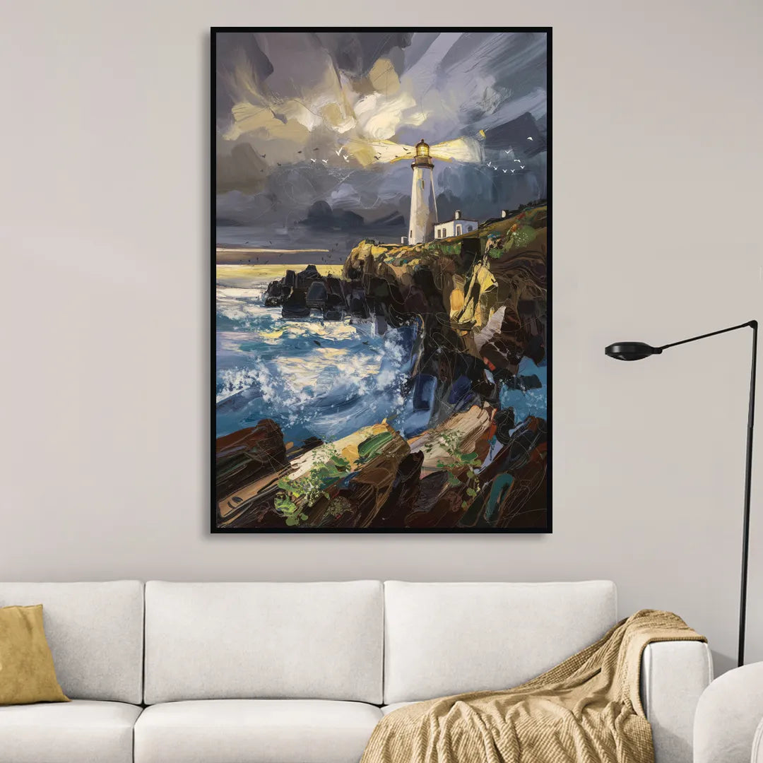 Bandon Lighthouse View Living Room - Black Canvas Wall Art