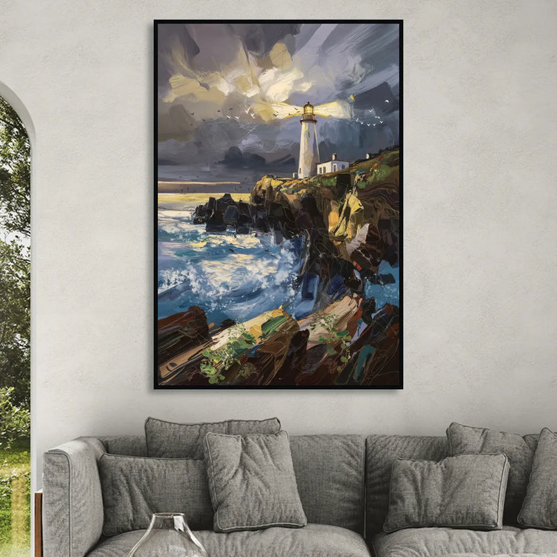 Bandon Lighthouse View Sitting Room - Black Canvas Wall Art