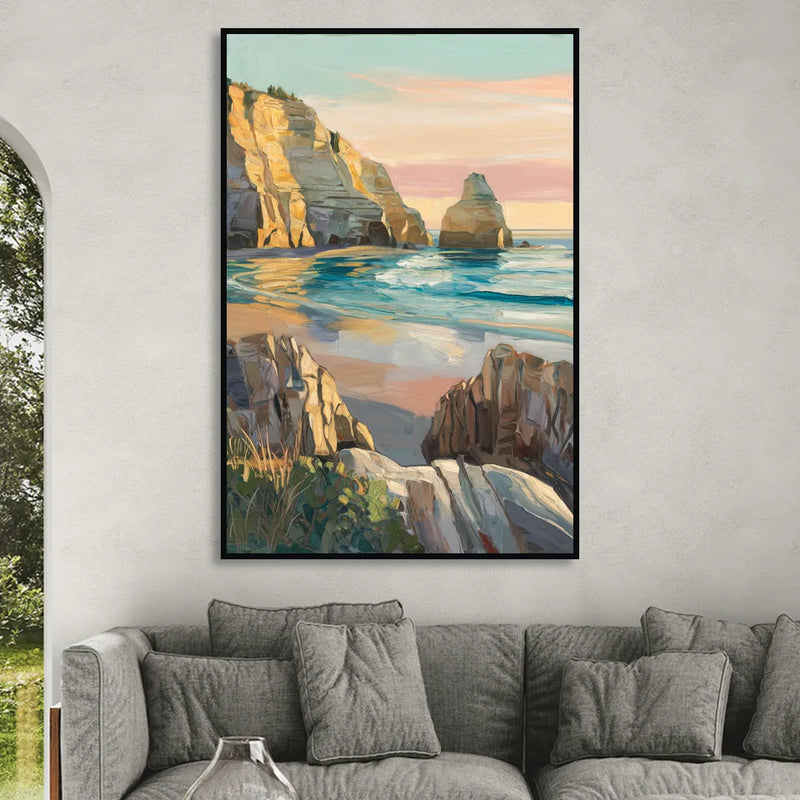 Bandon Ocean Cliffs Living Room - Black Canvas Wall Art