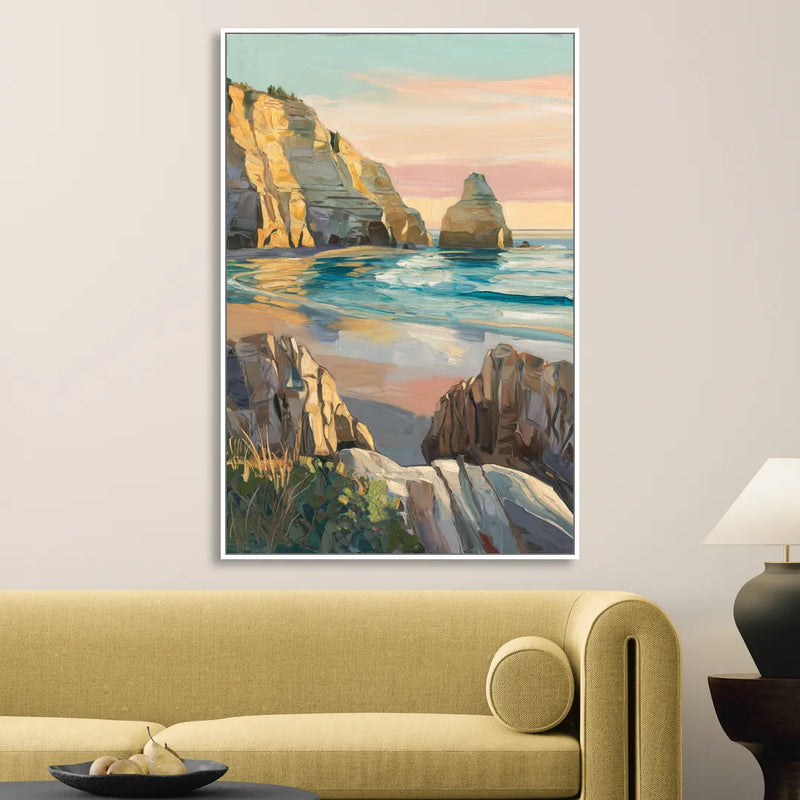 Bandon Ocean Cliffs Living Room - White Canvas Wall Art