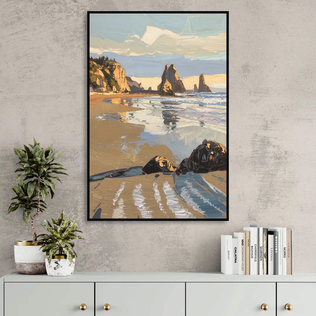 Bandon Oregon Shoreline Sitting Room - Black Canvas Wall Art