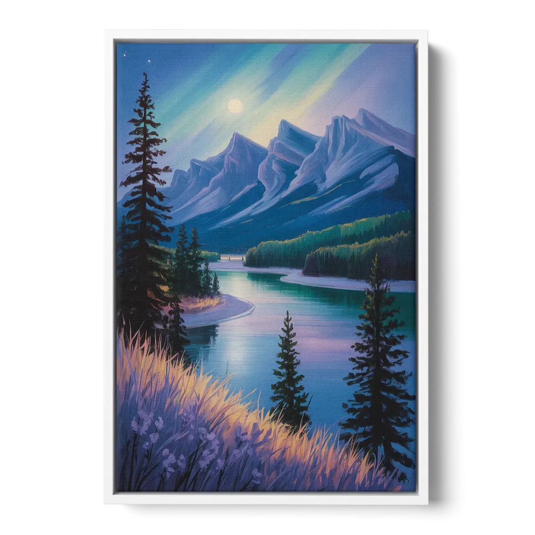 Banff National Park at Night Front - White Canvas Wall Art