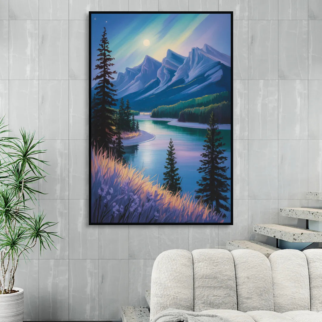 Banff National Park at Night Living Room - Black Canvas Wall Art