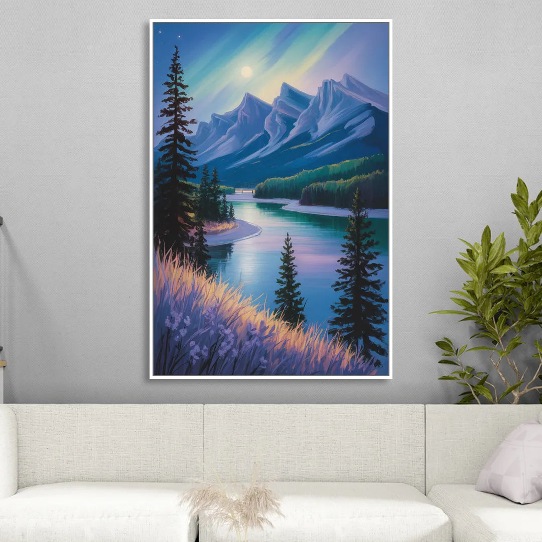 Banff National Park at Night Living Room - White Canvas Wall Art