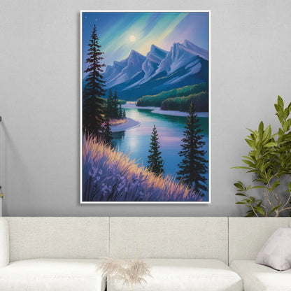 Banff National Park at Night Living Room - White Canvas Wall Art