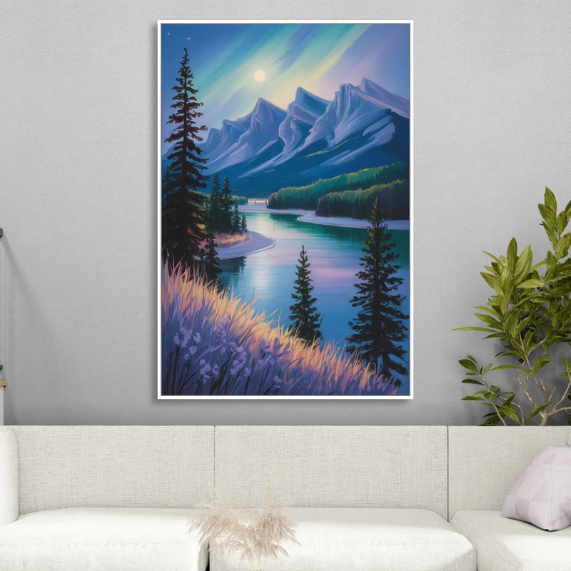 Banff National Park at Night Living Room - White Canvas Wall Art