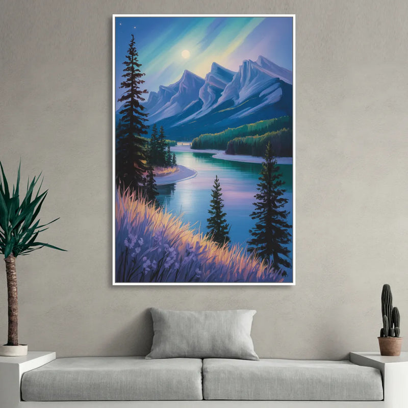 Banff National Park at Night Sitting Room - White Canvas Wall Art