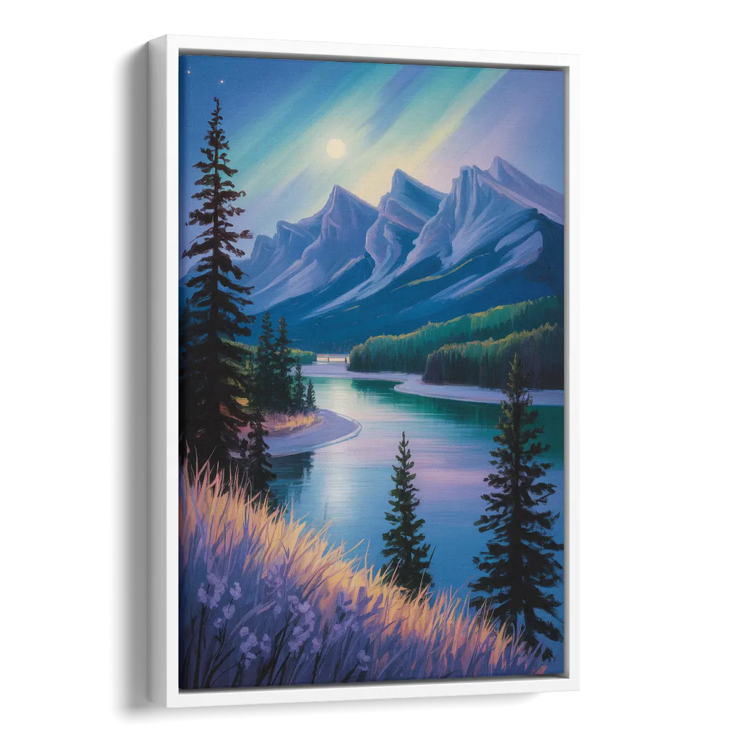Banff National Park at Night Side - White Canvas Wall Art