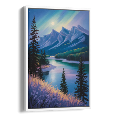 Banff National Park at Night Side - White Canvas Wall Art