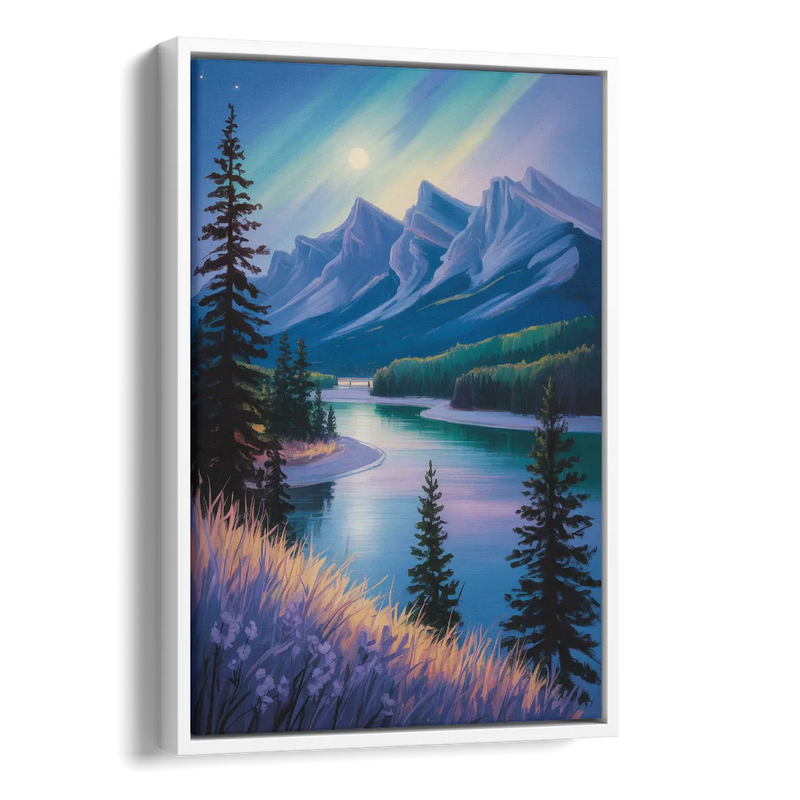 Banff National Park at Night Side - White Canvas Wall Art