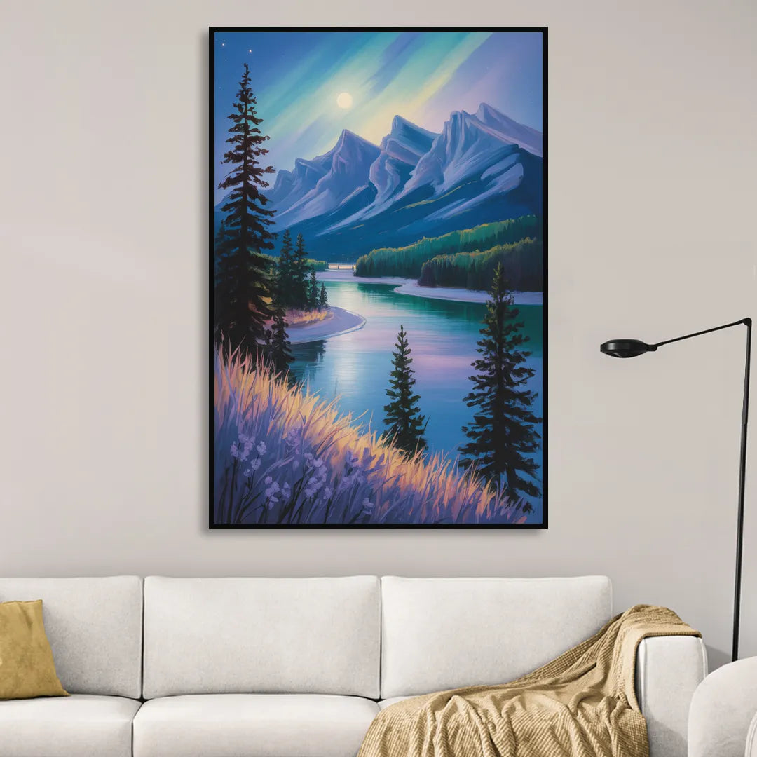 Banff National Park at Night Sitting Room - Black Canvas Wall Art