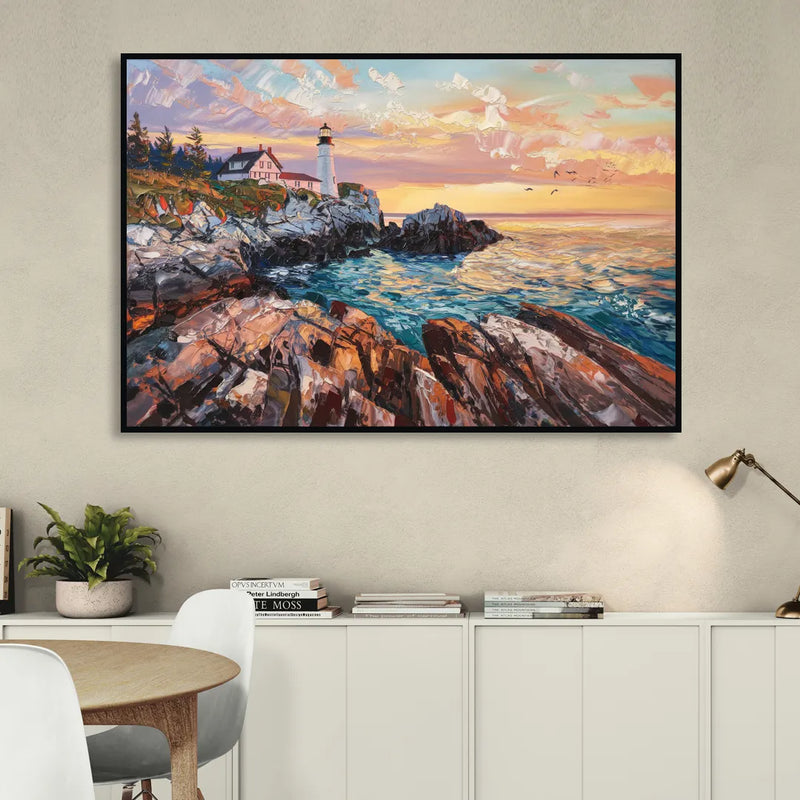 Bar Harbor Lighthouse Landscape Sitting Room - Black Canvas Wall Art