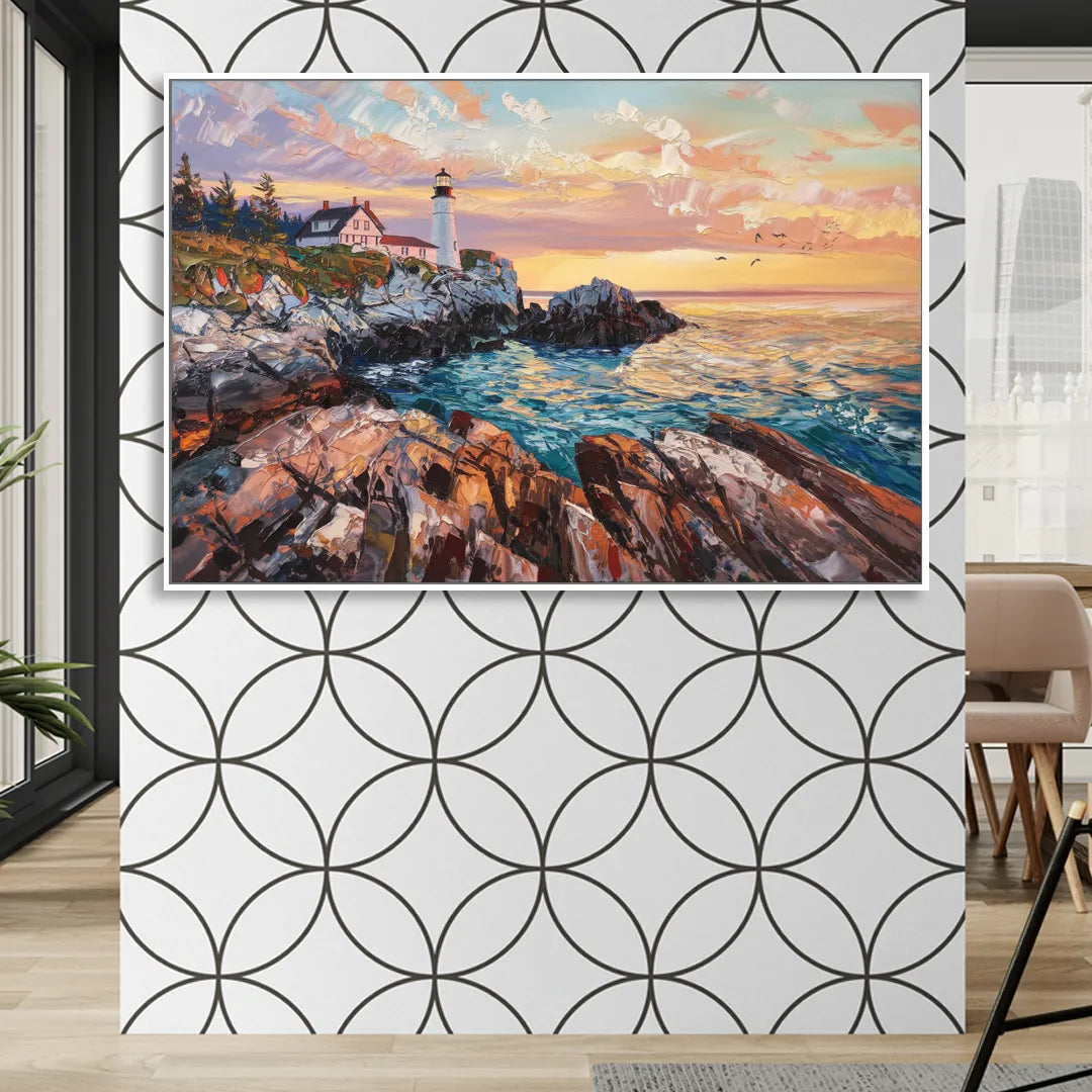 Bar Harbor Lighthouse Landscape Living Room - White Canvas Wall Art