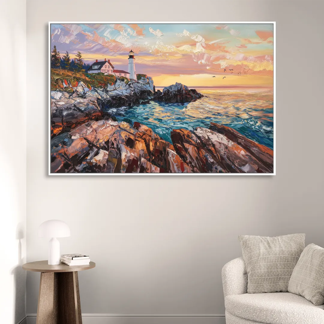 Bar Harbor Lighthouse Landscape Sitting Room - White Canvas Wall Art