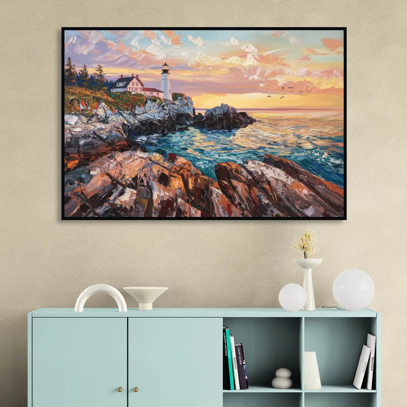 Bar Harbor Lighthouse Landscape Living Room - Black Canvas Wall Art