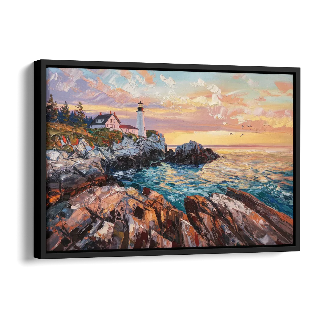 Bar Harbor Lighthouse Landscape Side - Black Canvas Wall Art