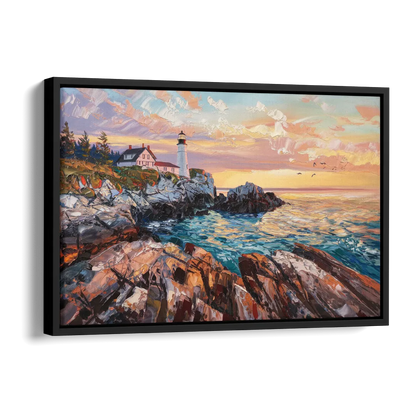Bar Harbor Lighthouse Landscape Side - Black Canvas Wall Art