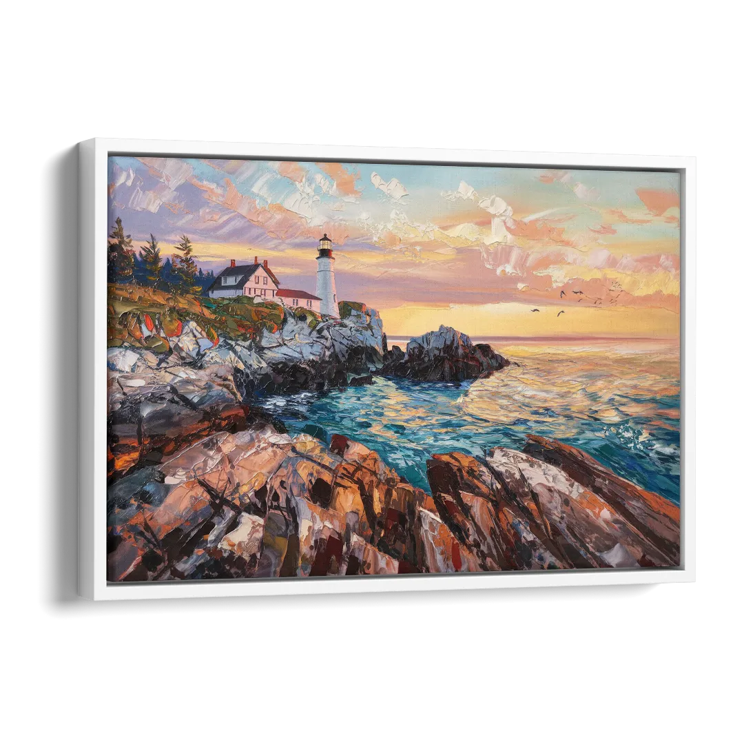 Bar Harbor Lighthouse Landscape Side - White Canvas Wall Art
