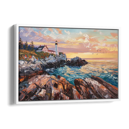 Bar Harbor Lighthouse Landscape Side - White Canvas Wall Art