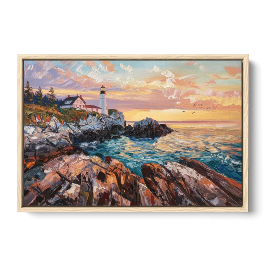 Bar Harbor Lighthouse Landscape - Oak Framed Canvas Wall Art - Front