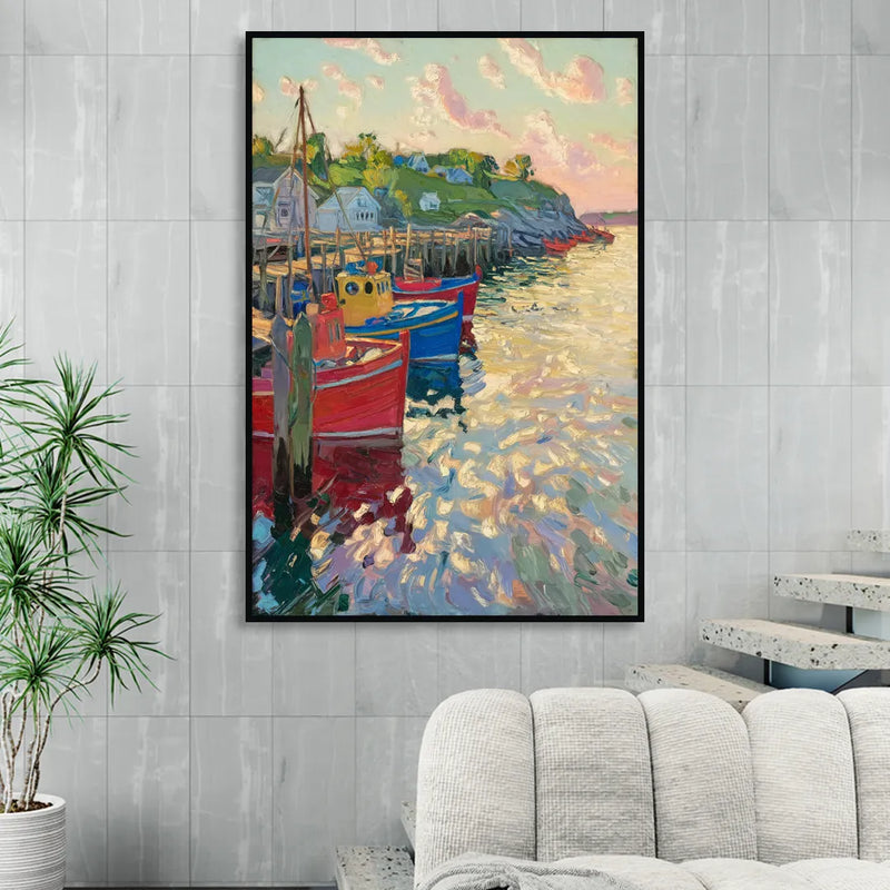 Bar Harbor Lobster Boats Harbor Living Room - Black Canvas Wall Art